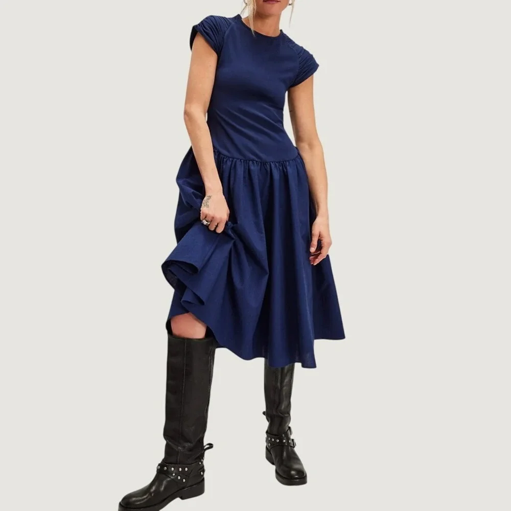 Free People XS Midi Dress Navy Blue Pleated Cap Sleeve Drop Waist Casual Daytime